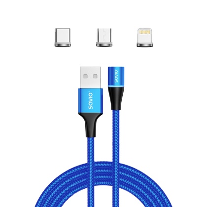 Kabel magnetyczny CL-157 USB - USB Typ C, Micro i Lightning, 2m, niebieski