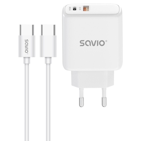 Ładowarka sieciowa SAVIO LA-13 20W + Kabel, Quick Charge, Power Delivery 3.0, Biała