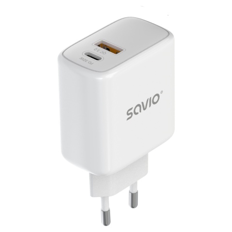 Ładowarka sieciowa SAVIO LA-13 20W + Kabel, Quick Charge, Power Delivery 3.0, Biała
