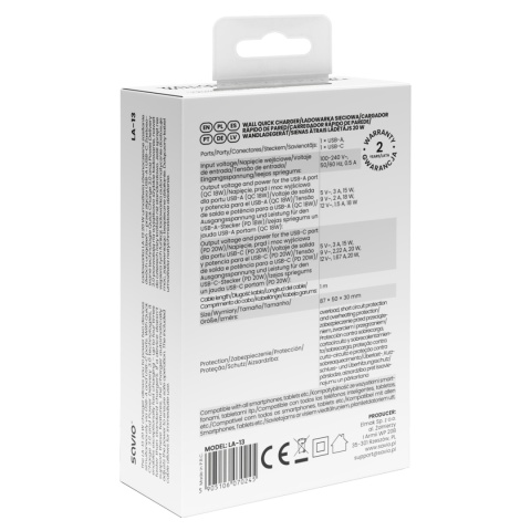 Ładowarka sieciowa SAVIO LA-13 20W + Kabel, Quick Charge, Power Delivery 3.0, Biała