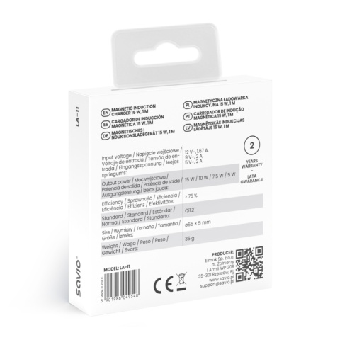 Magnetyczna ładowarka indukcyjna 15 W, 1 m, LA-11 Magnetyczna ładowarka indukcyjna 15 W, 1 m, LA-11