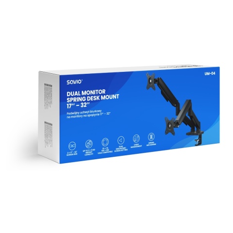 Podwójny uchwyt biurkowy na monitory na sprężynie 17″ – 32″, UM-04 Podwójny uchwyt biurkowy na monitory na sprężynie 17″ – 32″, UM-04