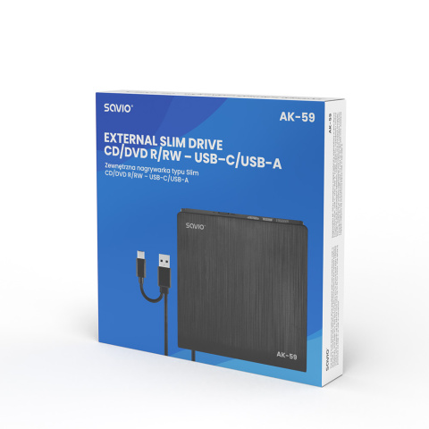 Zewnętrzna nagrywarka typu SLIM CD/DVD R/RW - USB C/USB-A AK-59 Zewnętrzna nagrywarka typu SLIM CD/DVD R/RW - USB C/USB-A AK-59