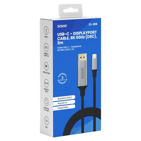 Kabel USB-C – DisplayPort CL-208 8K 60Hz (DSC), 2m