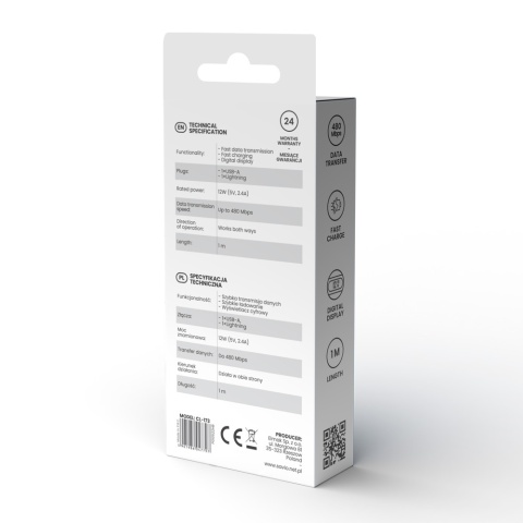 Kabel USB-C do USB-C 100W 1m z wyświetlaczem cyfrowym CL-174