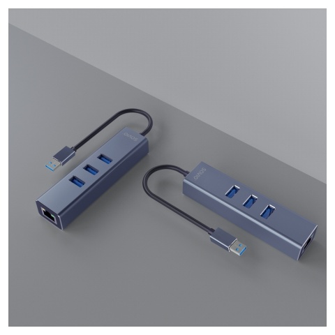 HUB USB-A 3.1 GEN 1 AK-58 3-portowy z adapterem RJ-45 Gigabit Ethernet