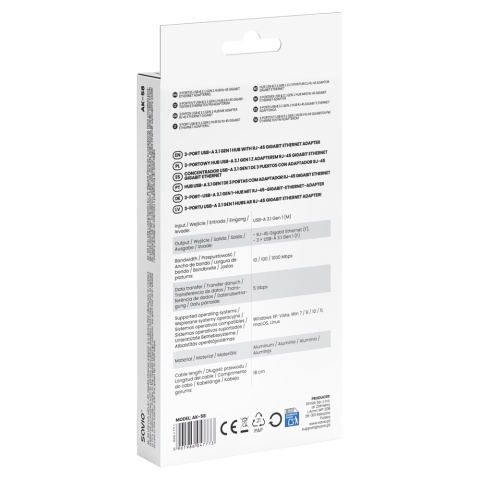 HUB USB-A 3.1 GEN 1 AK-58 3-portowy z adapterem RJ-45 Gigabit Ethernet