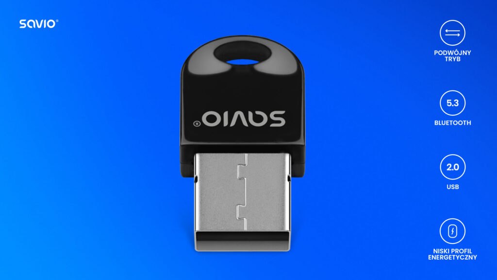 Adapter Bluetooth USB 5.3 Savio BT-060 na niebieskim tle