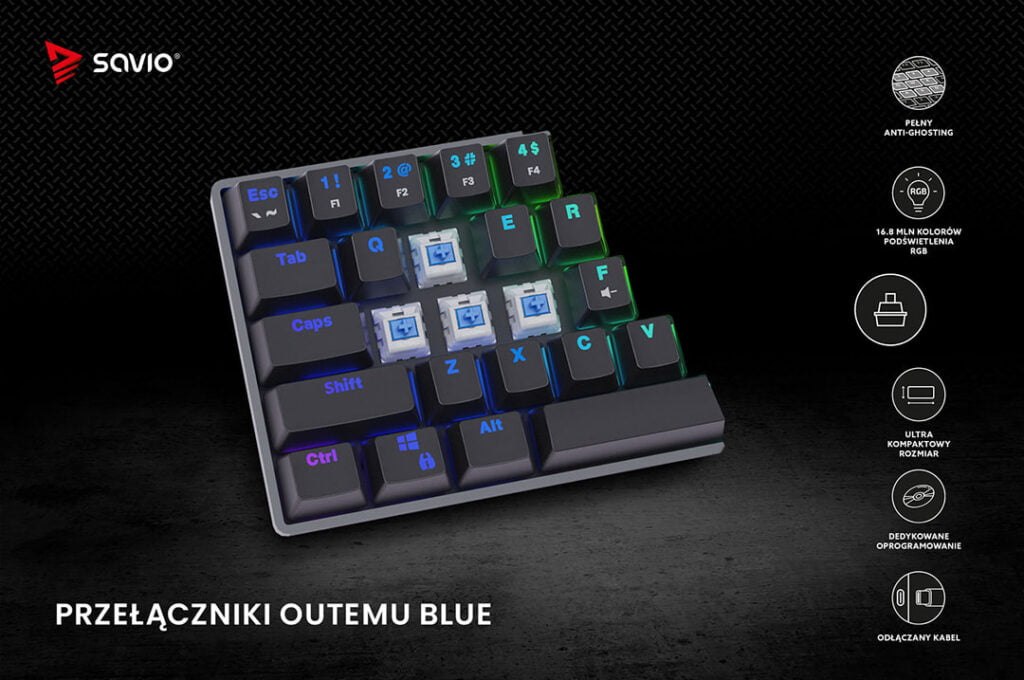 Bezprzewodowa klawiatura mechaniczna na czarnym tle z infografiką - Savio Blackout - przelączniki outemu Blue