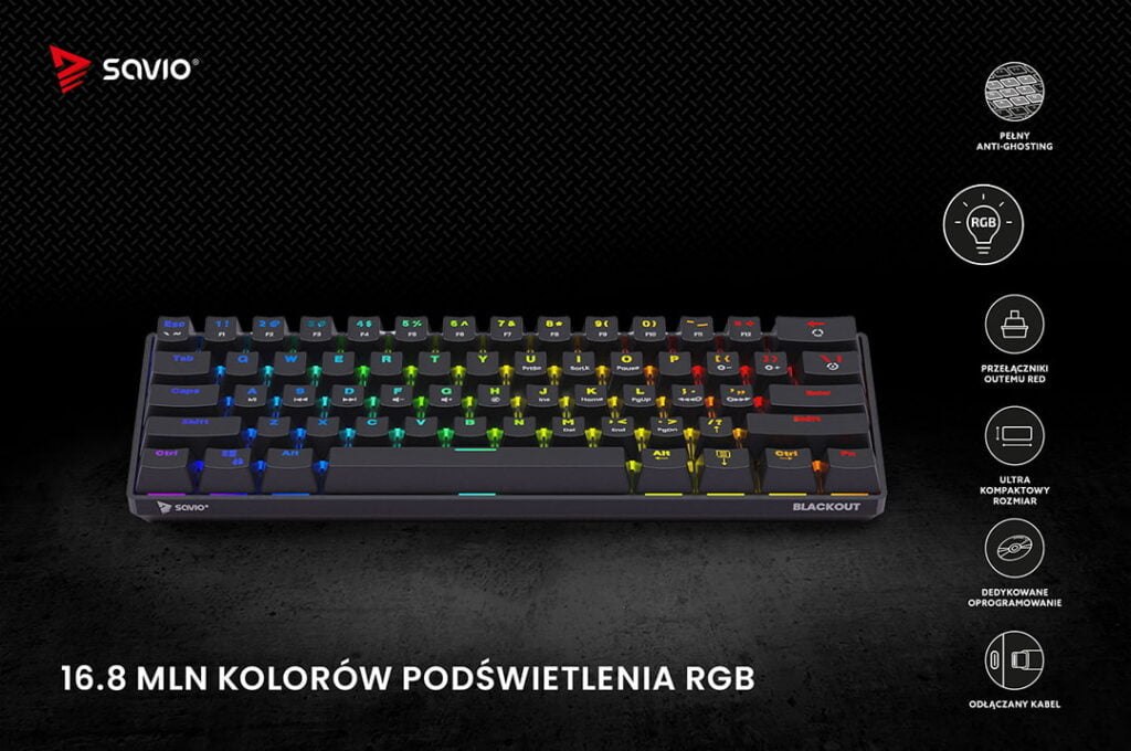 Mechaniczna klawiatura z podświetleniem - czarne tło i infografika - Savio Blackout RED - 16.8 mln kolorów podświetlenia rgb